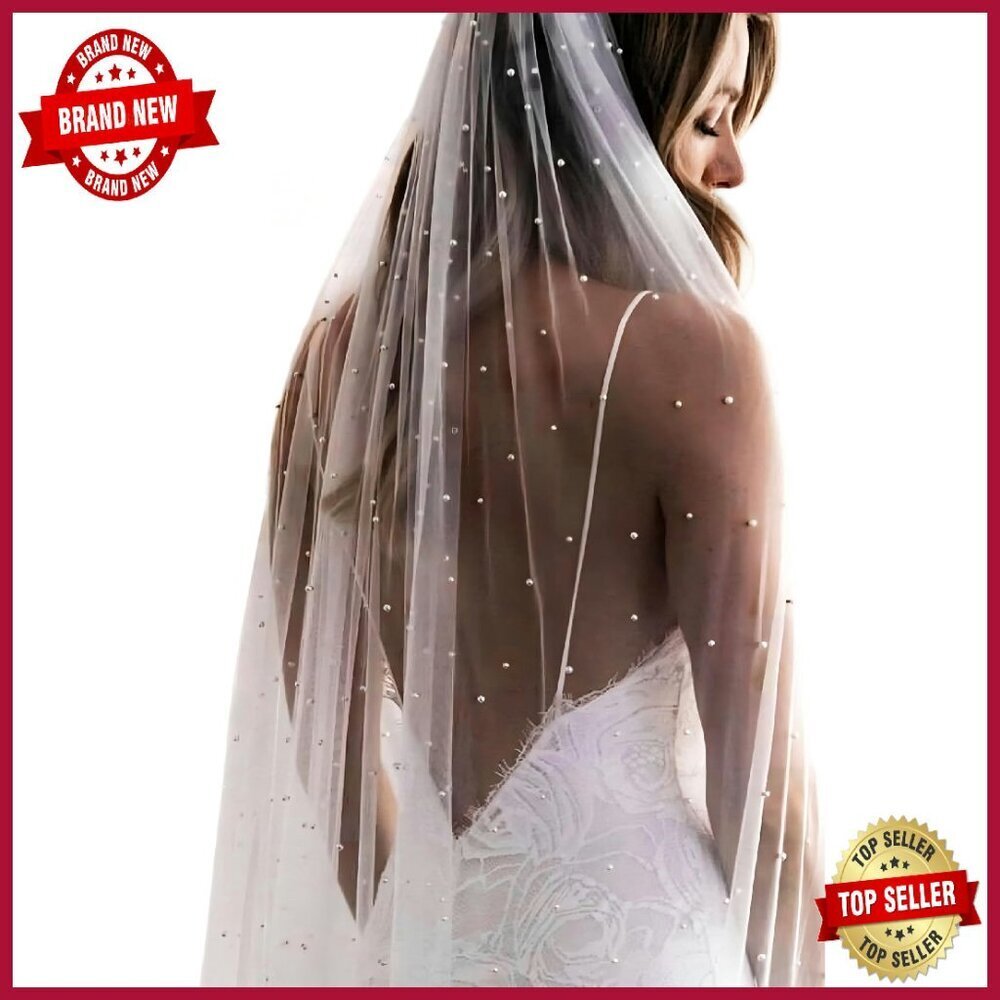 Pearl Wedding Veil with Metal Comb, Tulle Bridal Accessory, 1 Tier